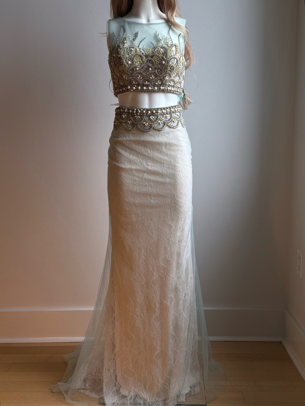 Beaded Two-Piece Evening Gown in Powder Blue and Ivory